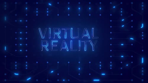 VIRTUAL REALITY Word Text with neon circuit board design or computer semiconductor design