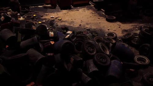 Discarded Trash Bags and Debris Cluttering a Dimly Lit Alley at Night