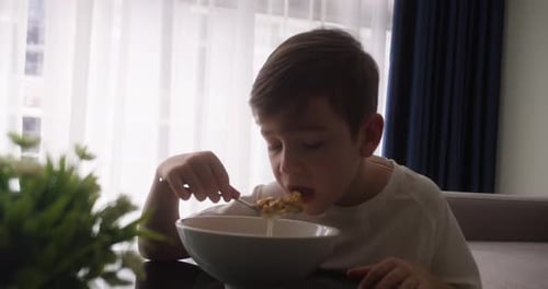 Boy Enjoys Cereal at Home in Bright Daylight