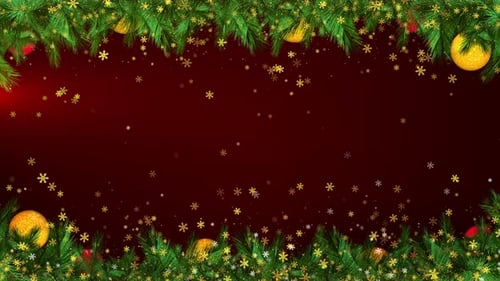 Festive Christmas Branches Border with Falling Golden Snowflakes