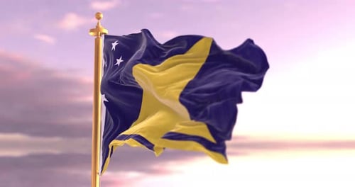 Realistic Waving Blue and Yellow Flag on a Golden Pole