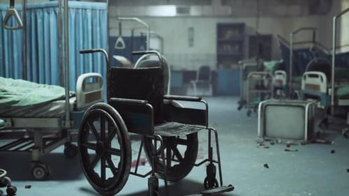 Abandoned Hospital Interior with Empty Wheelchairs and Scattered Debris