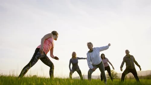 Group Doing Exercise Outdoors in a Grassy Field