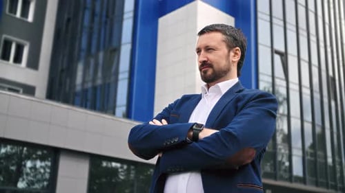 Confident Fashion Male Boss Suit Posing Crossed Hands Thinking Business Idea Outdoor Downtown Office
