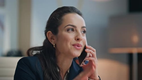 Happy Worker Gossiping Cell in Office Closeup Woman Boss Speaking Mobile Phone