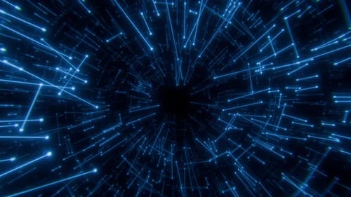 Seamless loop background with abstract blue digital tunnel formed by glowing lines and particles