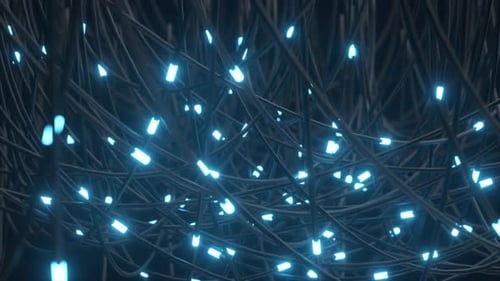 Tangled Wires with Glowing Blue Lights Creating a Complex Network