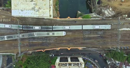 Jakarta, 17 August 2019, Aerial view top shot of two trains passing each other