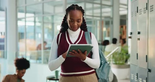 Browsing, tablet and woman with smile, education or planning for exam on website, online or college