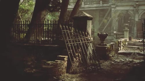 Cinematic Abandoned Cemetery with Overgrown Iron Fence and God Rays
