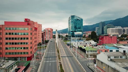 Aerial View of Modern Business District with Tram Lines and Roads in Usaquén - Bogotá, Colombia