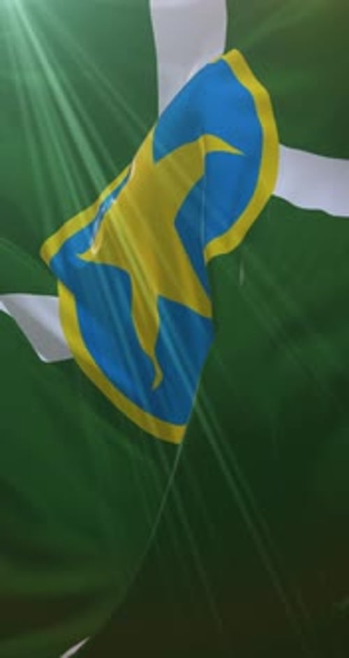 Realistic Vertical Green Flag Waving with Sun Rays