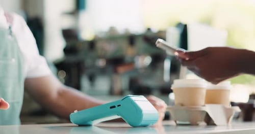 Hands, phone and pos for order at coffee shop with easy payment, click and paperless transaction