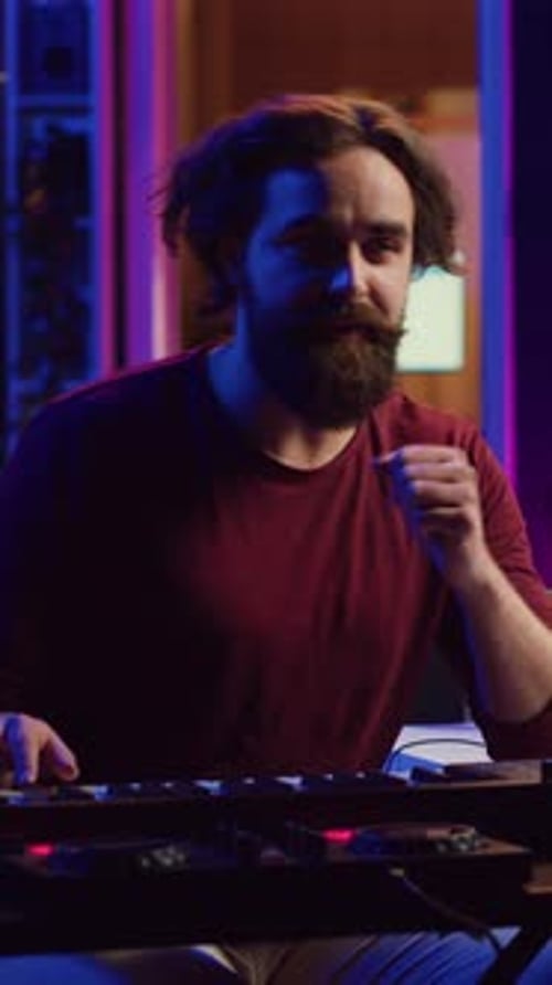 Man Playing Electric Keyboard in Music Studio