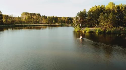 Aerial View of Small Island with Pine Trees in the Middle of the Lake