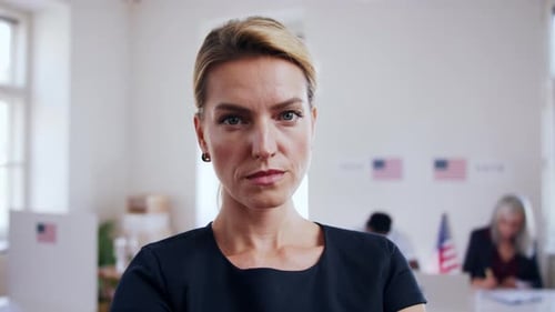 Portrait of Unhappy Woman Voter in Polling Place, Usa Elections Concept