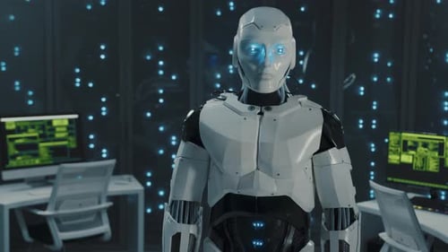 Cybernetic Automated Smart Intelligent Robot Worker in Hightech Computer Office Server Room Server