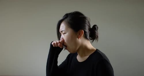 Asian Woman Coughing With Corona Virus Slow Motion B