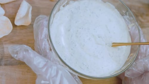 The Chef Mixes the Mayonnaise and Dill Mustard Sauce with a Tablespoon of Gold Slider and Macro
