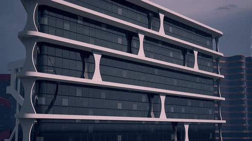 Dynamic Flyover of Futuristic Corporate Cityscape