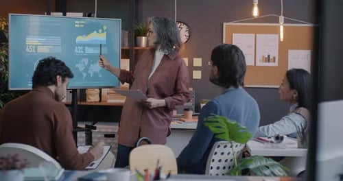 Slow Motion of Senior Woman Discussing Business Growth with Colleagues Making Presentation Speaking