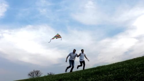Father and Daughter Flying Kite on Open Field at Sunset, Steadicam
