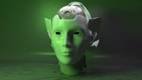 La cabeza de un robot abre la capa superior y muestra la estructura interna del cerebro y el cráneo AI Scifi