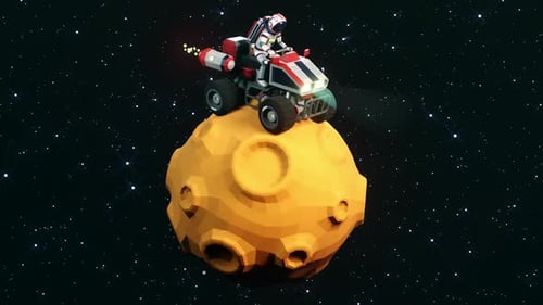 Spaceman fährt auf einem Space Rover auf einem rotierenden Planeten mit Kratern