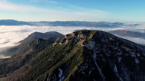 Aerial View of Mountainous Landscape with Forests Valley Full of Fog