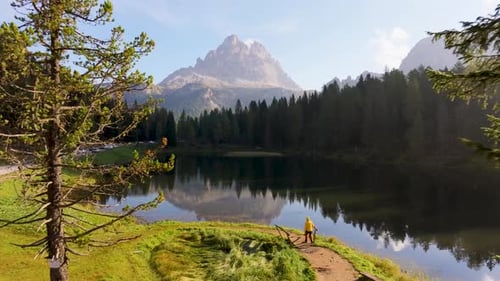 Aerial view of Misurina Lake and mountains, Italy.