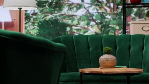 Cozy Empty Home Interior with Elegant Green Chairs and Wooden Table