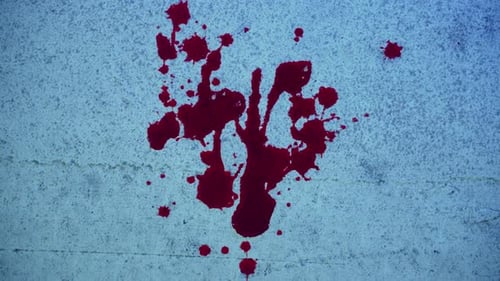 Nahaufnahme von Blutflecken auf einer Mauer oder einem Zebrastreifen, einem blutigen Straßen-Tatort mit Forensic