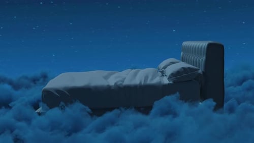 Cozy Bed Flying Over Fluffy Clouds At Night