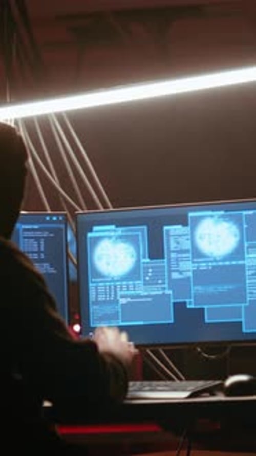 Vertical Video Hacker in Dark Neon Lit Underground HQ Coding Malware