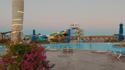 Panorama of the Aquapark Sliders, Aqua Park, Water Park Aquapark Sliders With Pool. A Water Park on