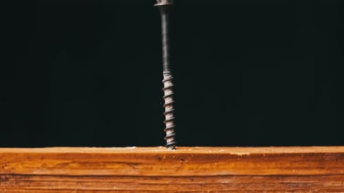 Screw is Screwed Into a Wooden Board with a Screwdriver CloseUp