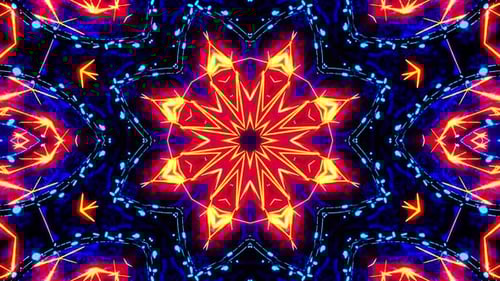 Flying through a neon tunnel with rings. Kaleidoscope VJ loop