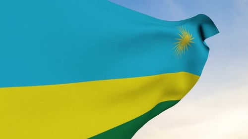 Rwanda Flag Waving In Blue Sky Side View