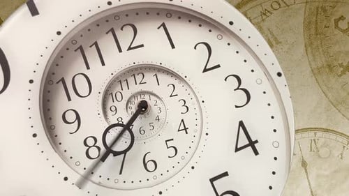 Modern white infinity time spiral clock. Infinite time concept.