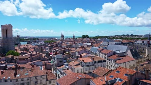 Aerial view about the Vieux Port with St. tower and its environment, La Rochelle, France.