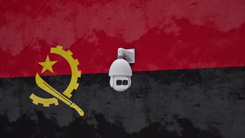 Security Camera Surveillance on Angolan Flag Textured Wall