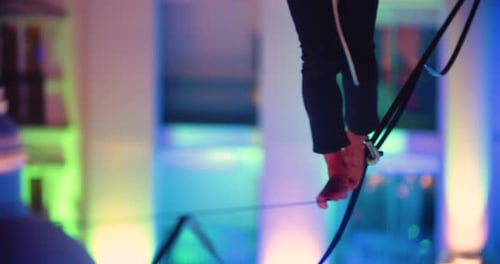 Close Up of a Man Slacklining Keeping Balance While Walking the Rope Turkey