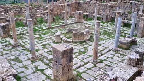 Vue révélatrice de l'ancien marché de Cosinus, encadré par des colonnes romaines à Djemila, en Algérie