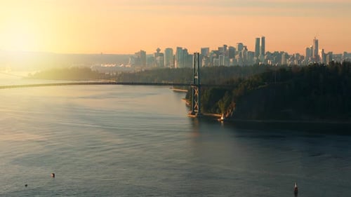 Aerial View of Lions Gate Bridge and Stanley Park at Dawn Canada