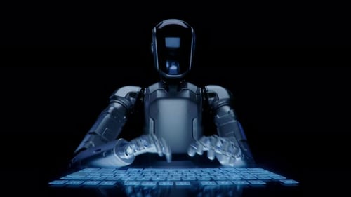 Humanoid Robot Quicly Typing On Futuristic Touch Keyboard. Humanoid Robot Swiftly Programming