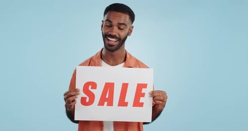 Studio sales poster, happy man and surprise ads commercial, discount promotion banner