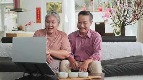Cheerful Elderly Couple Using Laptop Together