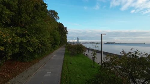 Survol aérien du sentier piétonnier de l'Esplanade avec des arbres sur le boulevard en bord de mer de Gdynia. Dolly Forward