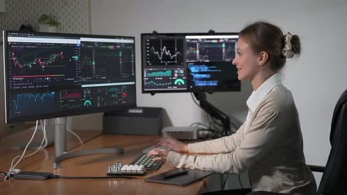 Woman at night on computer screen for data analytics, stock market research or digital graphs, chart