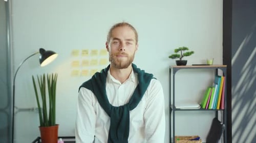 Attractive Male Boss with Beard Looking to Camera in Modern Company Office Worker Ceo Executive Man
